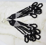 Black and Metallic Silver Long Brick Stitch Earrings