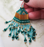 Teal, Light Teal and Metallic Gold Brick Stitch Earrings