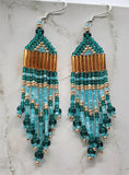 Teal, Light Teal and Metallic Gold Brick Stitch Earrings