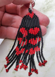 Matte Black with Matte Red Hearts Long Brick Stitch Earrings