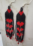 Matte Black with Matte Red Hearts Long Brick Stitch Earrings
