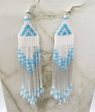 White and Light Blue Long Brick Stitch Earrings