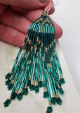 Teal, Turquoise and Metallic Gold Long Brick Stitch Earrings