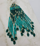 Teal, Turquoise and Metallic Gold Long Brick Stitch Earrings