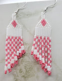 White and Pink Coral Mirror Image Asymmetrical Brick Stitch Earrings