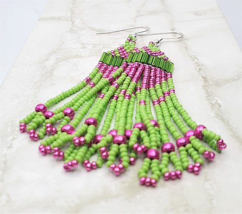 Bright Lime Green and Metallic Fuchsia Pink Brick Stitch Earrings