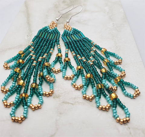 Teal, Turquoise and Metallic Gold Long Brick Stitch Earrings