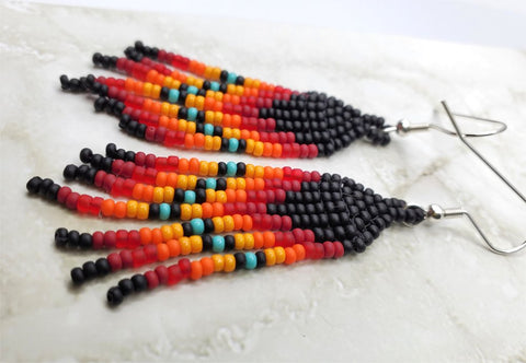 Black, Red, Orange and Turquoise Southwestern Style Brick Stitch Earrings
