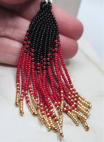 Elegant Red, Black and Metallic Gold Brick Stitch Earrings