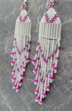 Matte White and Metallic Pink and Purple Brick Stitch Earrings