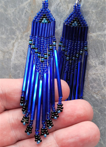 Cobalt Blue Long Brick Stitch Earrings