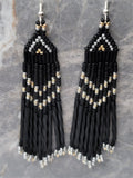 Matte Black with Metallic Gold and Silver Long Brick Stitch Earrings