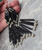 Matte Black with Metallic Gold and Silver Long Brick Stitch Earrings