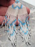 Matte White and Light Blue Luster Brick Stitch Earrings