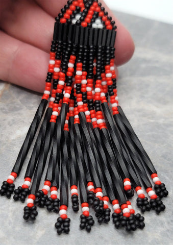Matte Black, Red and White Long Brick Stitch Earrings