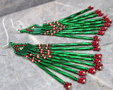 Green, Red and Gold Long Brick Stitch Earrings