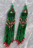 Green, Red and Gold Long Brick Stitch Earrings