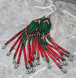Green, Red and Silver Long Brick Stitch Earrings - Christmas