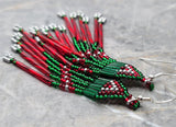 Green, Red and Silver Long Brick Stitch Earrings - Christmas