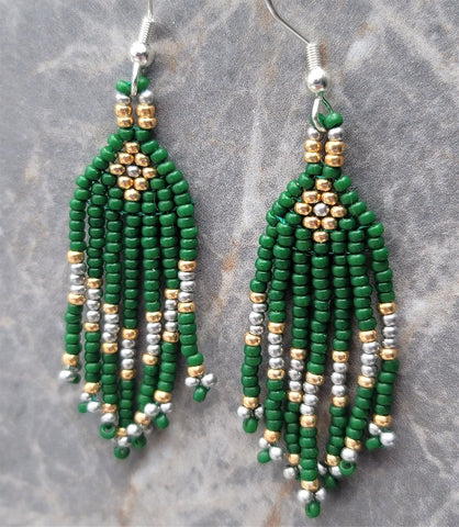 Green and Metallic Gold and Silver Brick Stitch Earrings