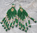 Green and Metallic Gold and Silver Brick Stitch Earrings