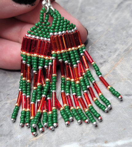 Green, Red, Gold and Silver Brick Stitch Earrings