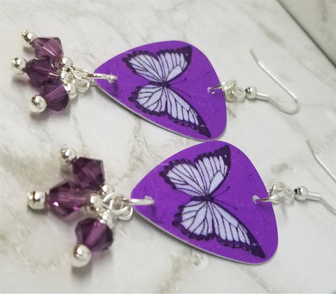 Purple Butterfly Guitar Pick Earrings with Amethyst Swarovski Crystal Dangles