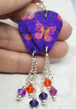 Orange Butterfly Purple Guitar Pick Earrings with Swarovski Crystal Dangles