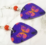 Orange Butterfly Purple Guitar Pick Earrings with Orange Pave Beads