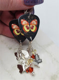 Orange and Yellow Butterfly Guitar Pick Earrings with Charm and Swarovski Crystal Dangles