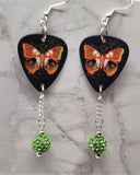 Orange and Green Butterfly Guitar Pick Earrings with Green Pave Bead Dangles