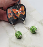 Orange and Green Butterfly Guitar Pick Earrings with Green Pave Bead Dangles