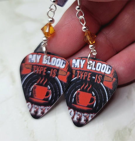 My Blood Type Is Coffee Guitar Pick Earrings with Topaz Swarovski Crystals