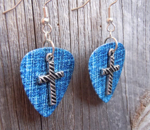 CLEARANCE Cross with Diagonal Stripes Charm Guitar Pick Earrings - Pick Your Color