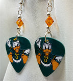 Oregon Ducks on Green Background Guitar Pick Earrings with Orange Swarovski Crystals