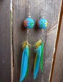 CLEARANCE Blue Rhinestone Bead with Flowers and Feather Dangle Earrings