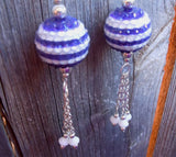 Purple and White Striped Rhinestone Bead Earrings with White Swarovski Crystal Dangles