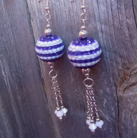 Purple and White Striped Rhinestone Bead Earrings with White Swarovski Crystal Dangles