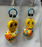 Yellow Skull and Colorful Heart Glass Bead Earrings
