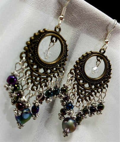 Oil Slick Colored Glass Beads Chandelier Earrings