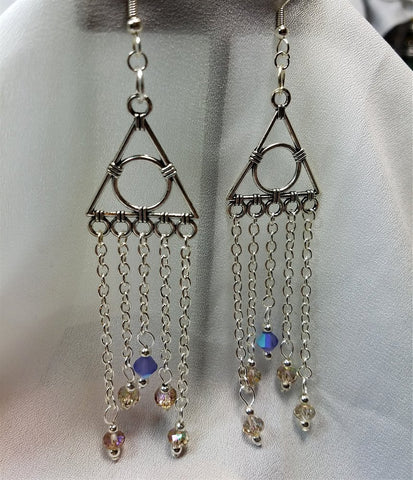 Geometric Chandelier Earrings with Chain and Swarovski Crystal Dangles