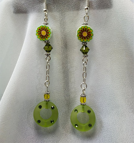 Green Fimo Flower Drop Earrings