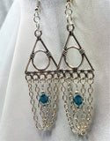 Geometric Chandelier Earrings with Chain and Blue Swarovski Crystals