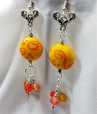 Yellow and Orange Lampwork Drop Earrings with Fire Polished Czech Glass and Swarovski Crystal Dangles