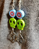 Green Magnesite Skull Bead Earrings with Leaf Dangles