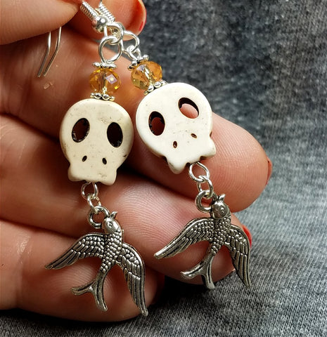 White Magnesite Skull Bead Earrings with Old School Tattoo Sparrow Charms