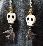 White Magnesite Skull Bead Earrings with Old School Tattoo Sparrow Charms