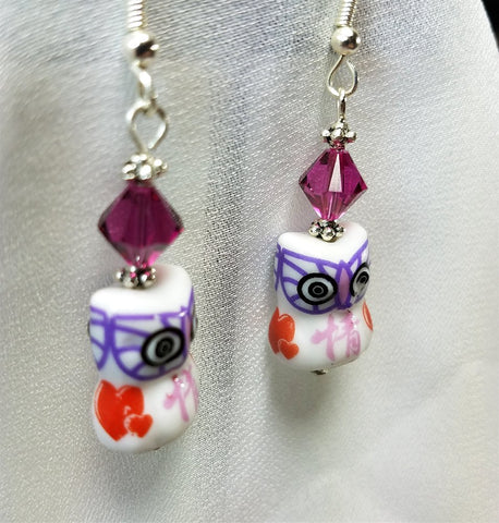 Ceramic Owl with Fuchsia Swarovski Crystal Earrings