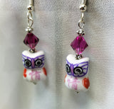 Ceramic Owl with Fuchsia Swarovski Crystal Earrings