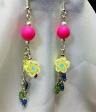 Hot Pink Rubber Bead and Fimo Clay Yellow Flowered Bead Earrings with Glass Bead Dangles